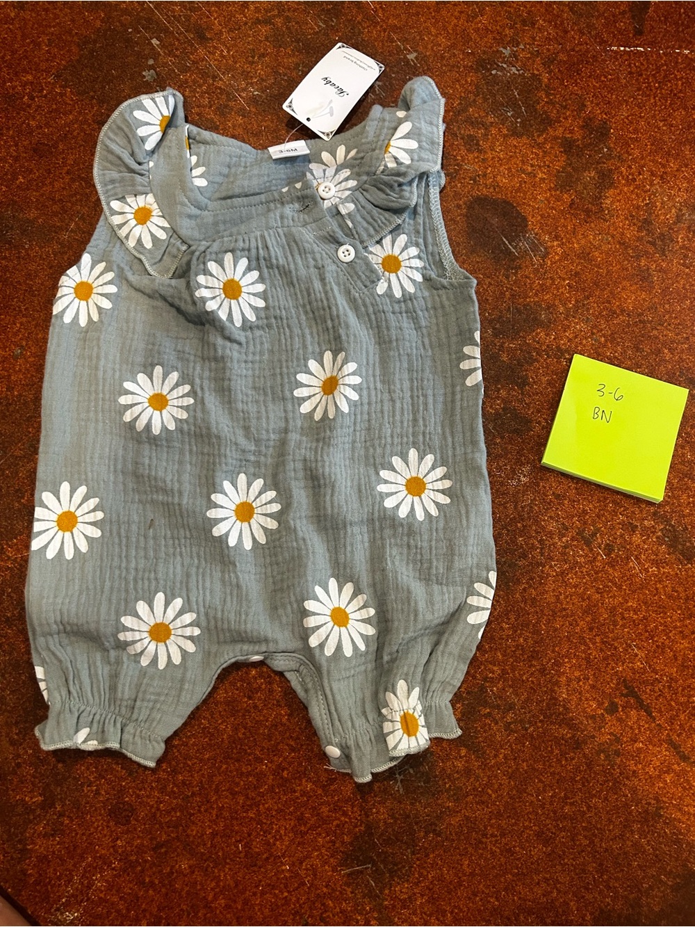 Baby Girl Daisy Cotton Romper - Greenish Gray with White Daisies